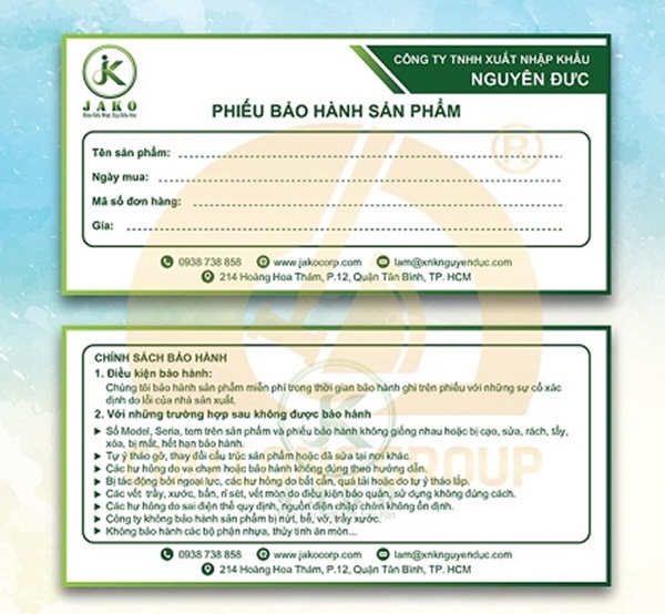 Mẫu phiếu bảo hành chuyên nghiệp