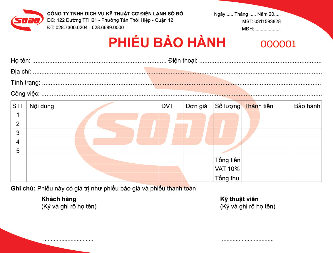 Mẫu phiếu bảo hành chuyên nghiệp